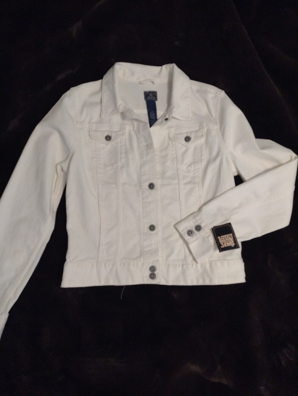 NWT Lucky Brand Womens L Trucker Denim Jacket Cream Button Jean Cropped Ivory